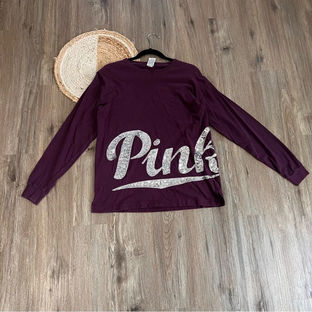 PINK VICTORIA'S SECRET Vtg Pink Bling Sequin Campus Longs Sleeve Tee